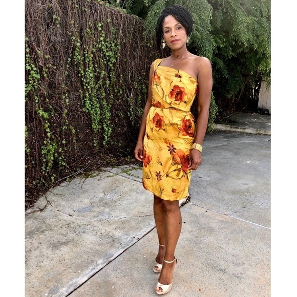 ALBERTA FERRETTI Silk Satin Floral Sleeveless Draped One Shoulder Sheath Dress 2 - Picture 3 of 6